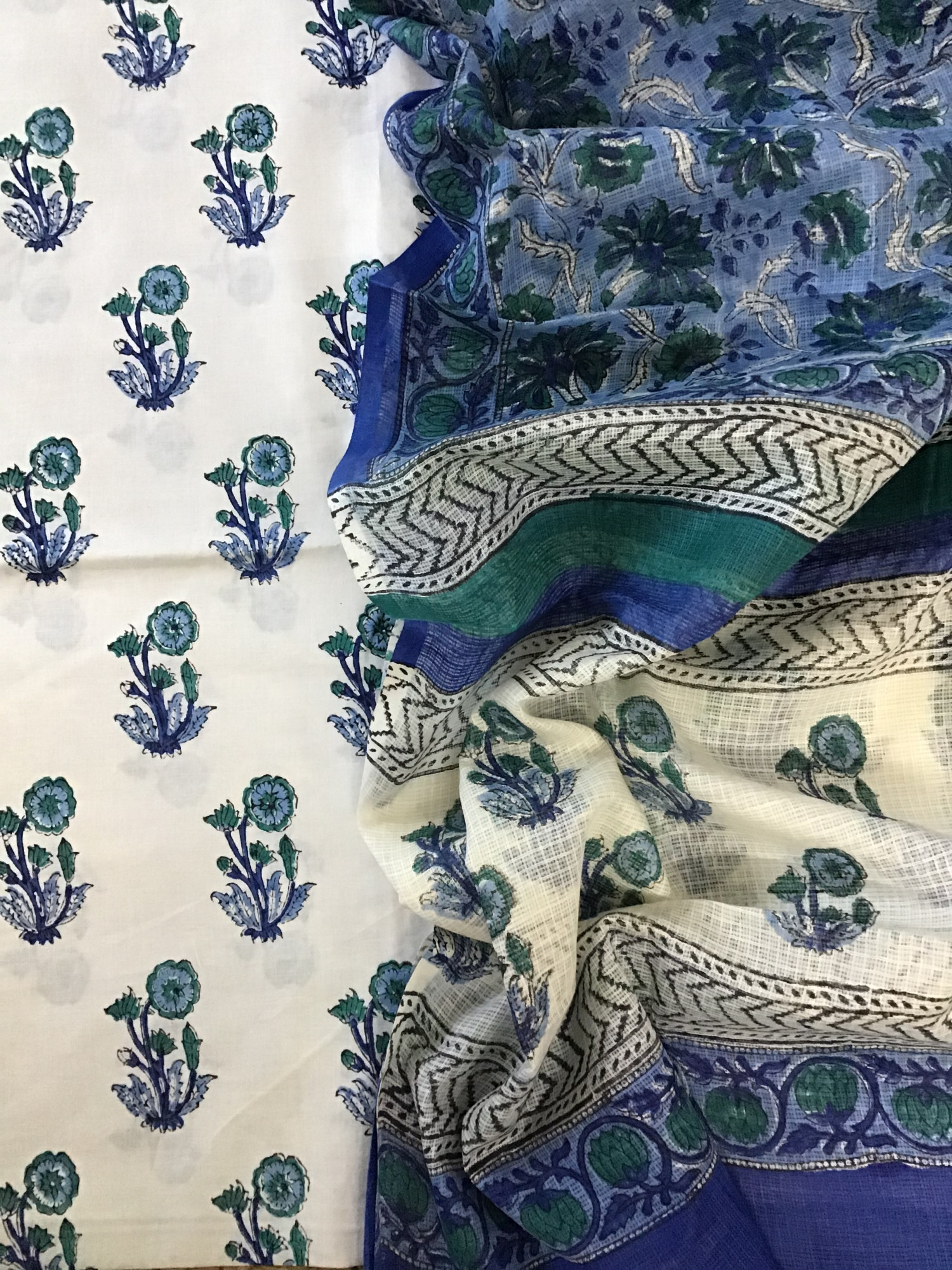 Pure Fine Cotton Printed Suit - WhiteBlue