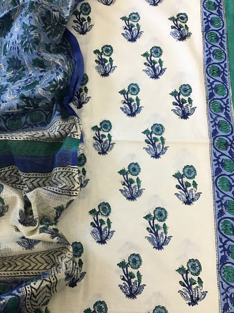 Image of Pure Fine Cotton Printed Suit - White/Blue