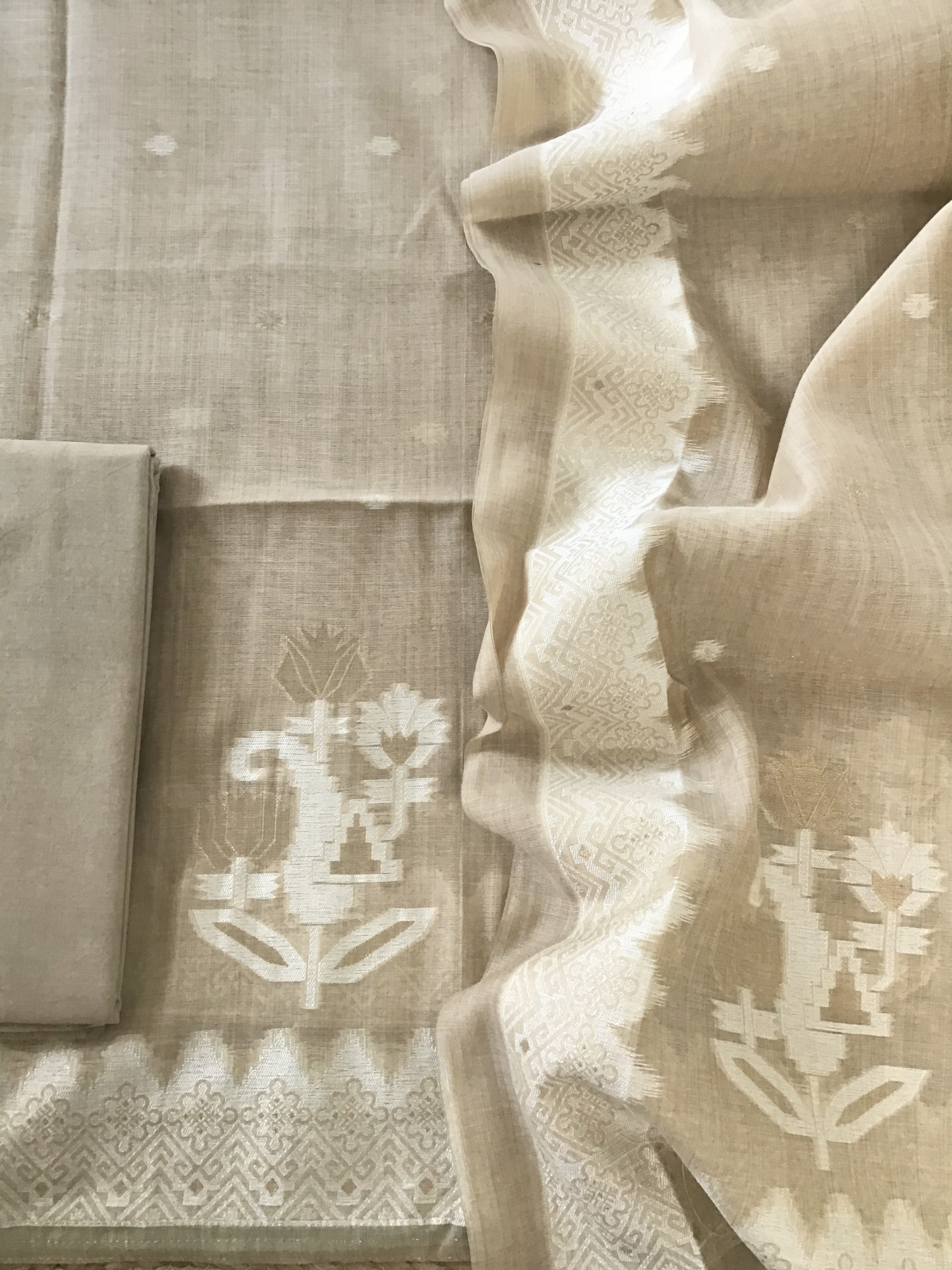 Soft Slub Chanderi Jamdani Weaved Suit - Beige