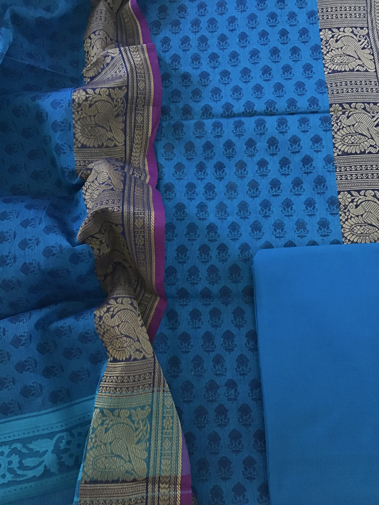 Image of Pure Mangalgiri Cotton Printed Suit - Blue