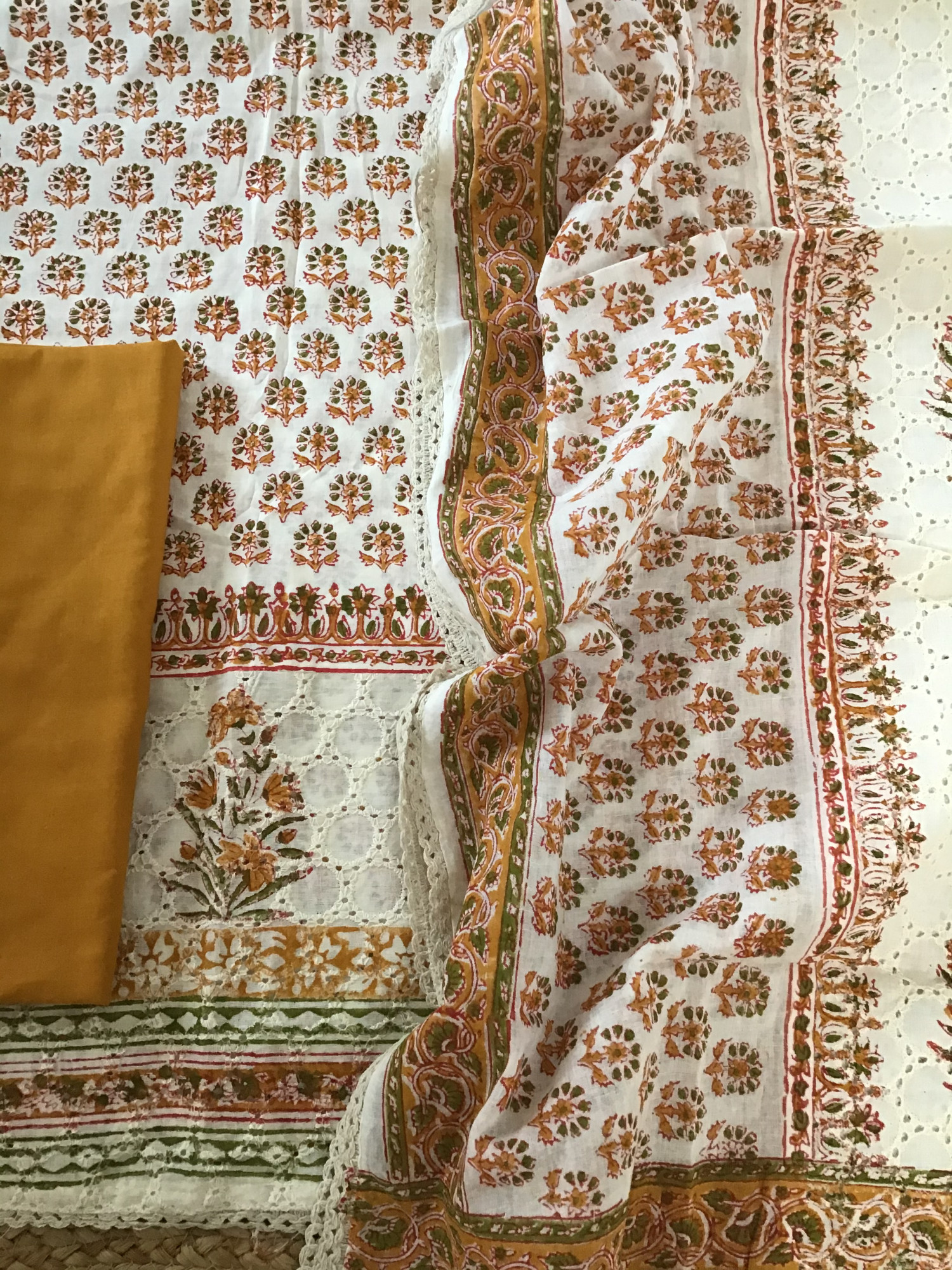 Pure Cotton Printed Embroidered Suit - OffwhiteOrange