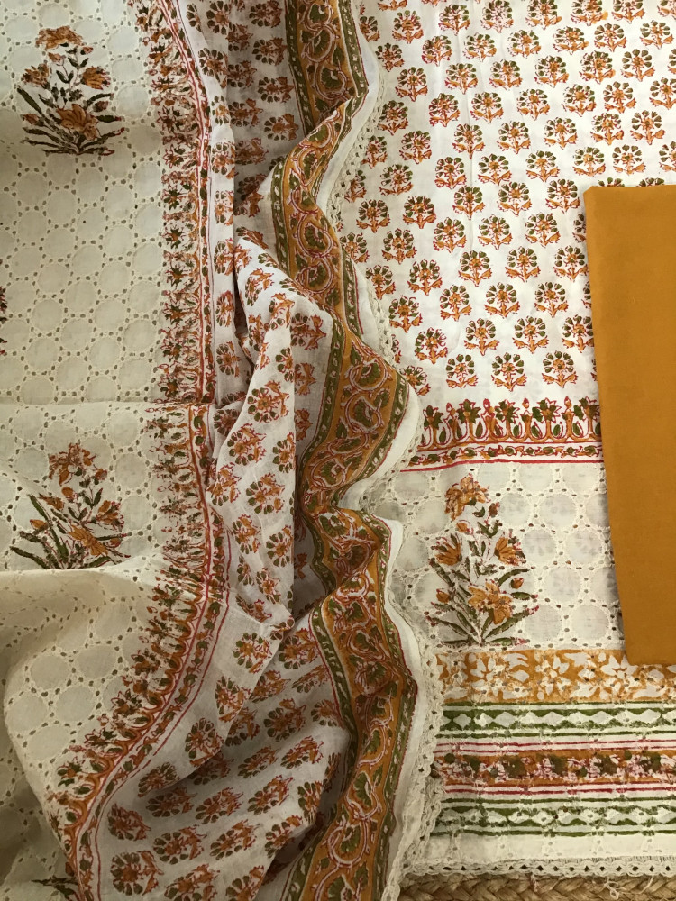 Image of Pure Cotton Printed Embroidered Suit - Offwhite/Orange