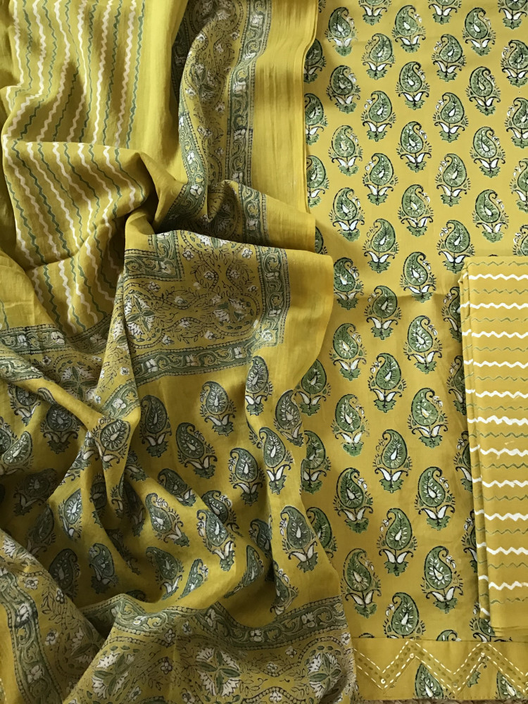 Image of Pure Cotton Printed Suit - Yellow