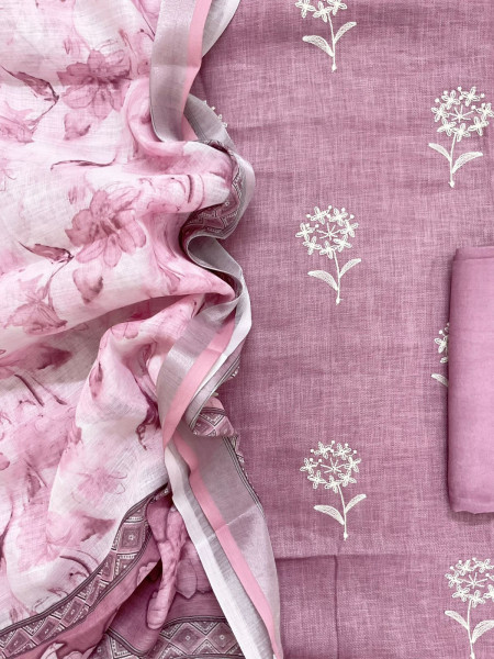Image of Soft Linen Jute Cotton Printed Embroidered Suit - Mauve