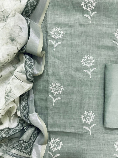 Image of Soft Linen Jute Cotton Printed Embroidered Suit - Green
