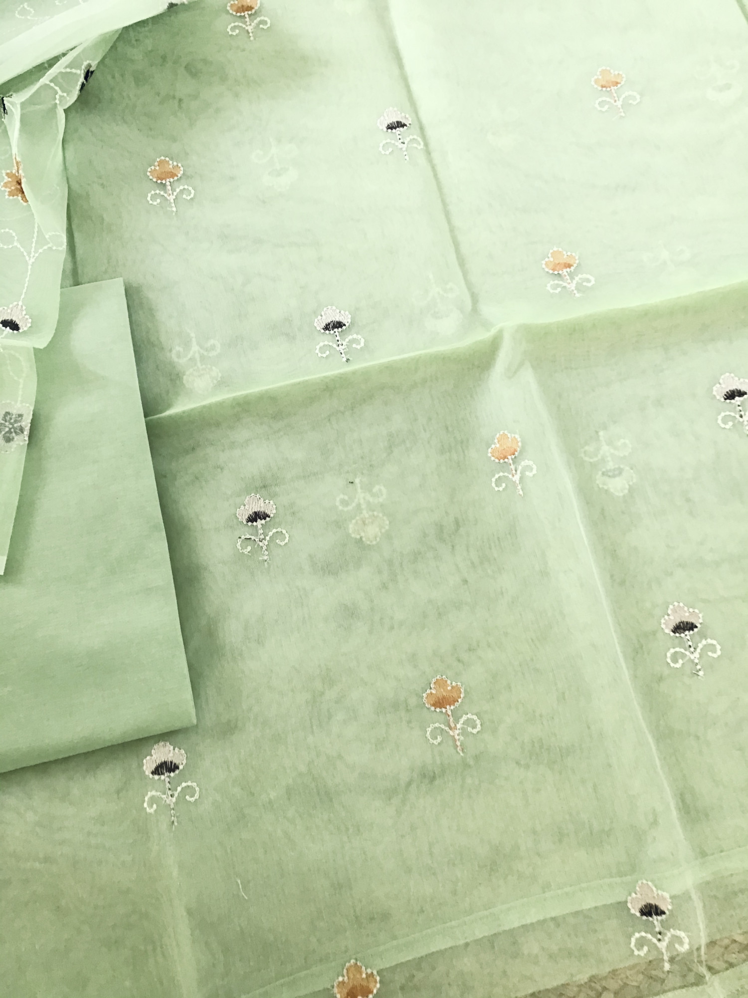 Soft Semi Organza Embroidered Suit - Green