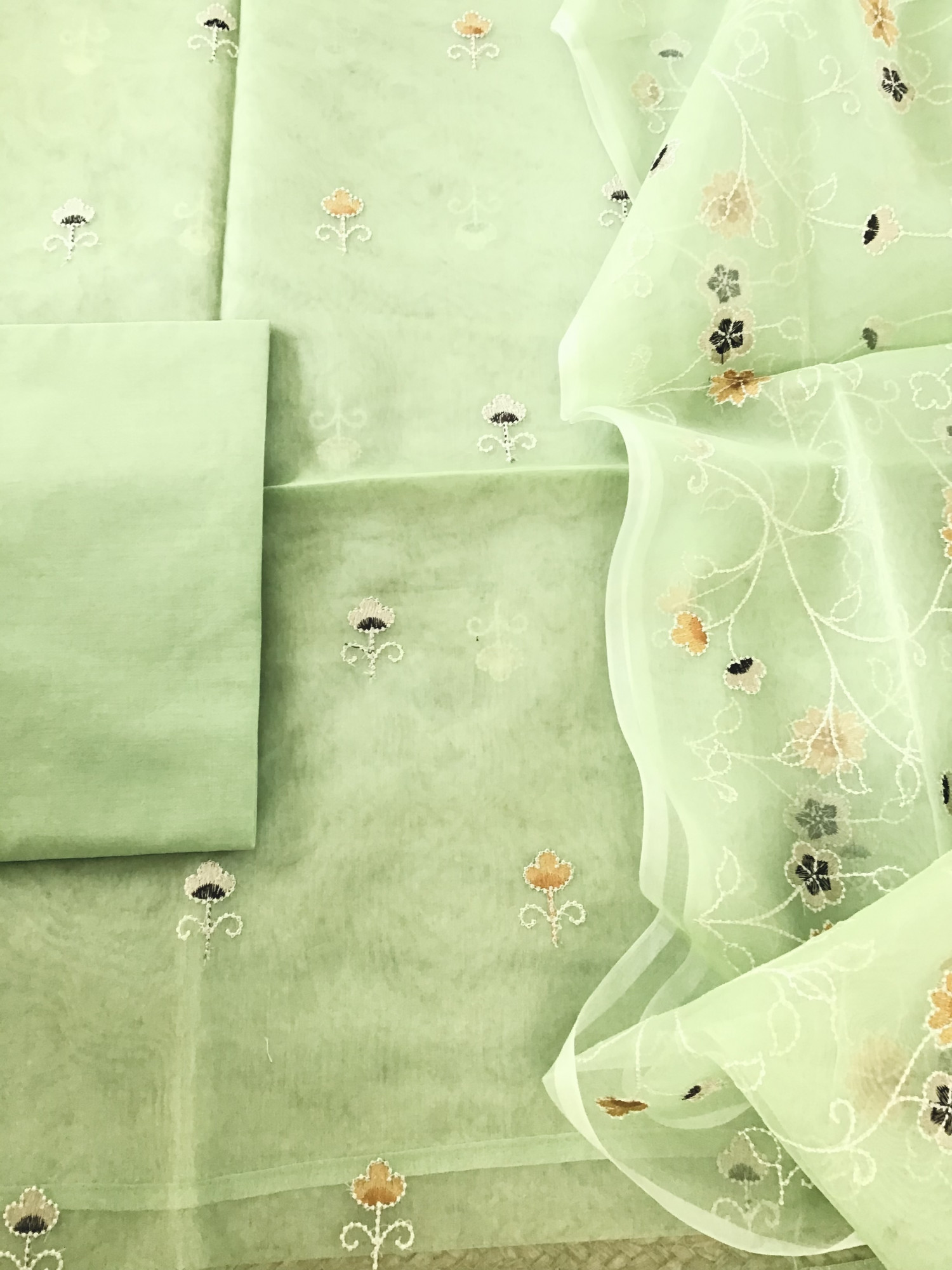 Soft Semi Organza Embroidered Suit - Green