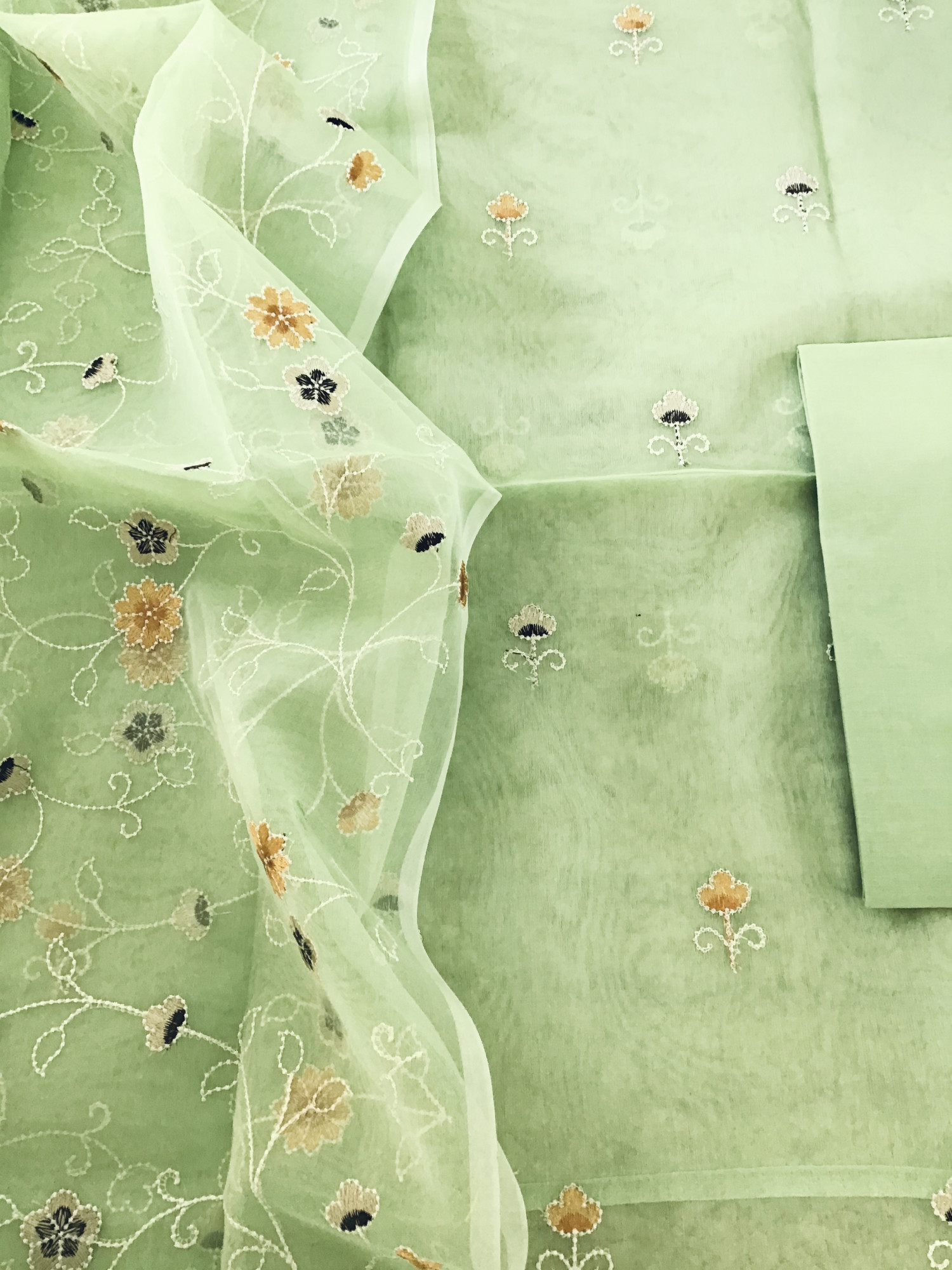 Soft Semi Organza Embroidered Suit - Green