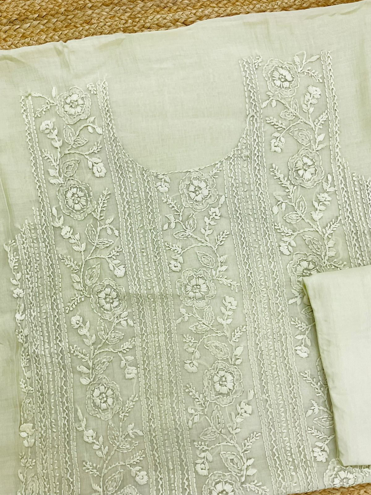 Pure Mul Chanderi Embroidered Suit - Light Green