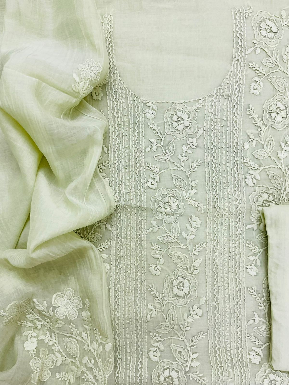 Pure Mul Chanderi Embroidered Suit - Light Green