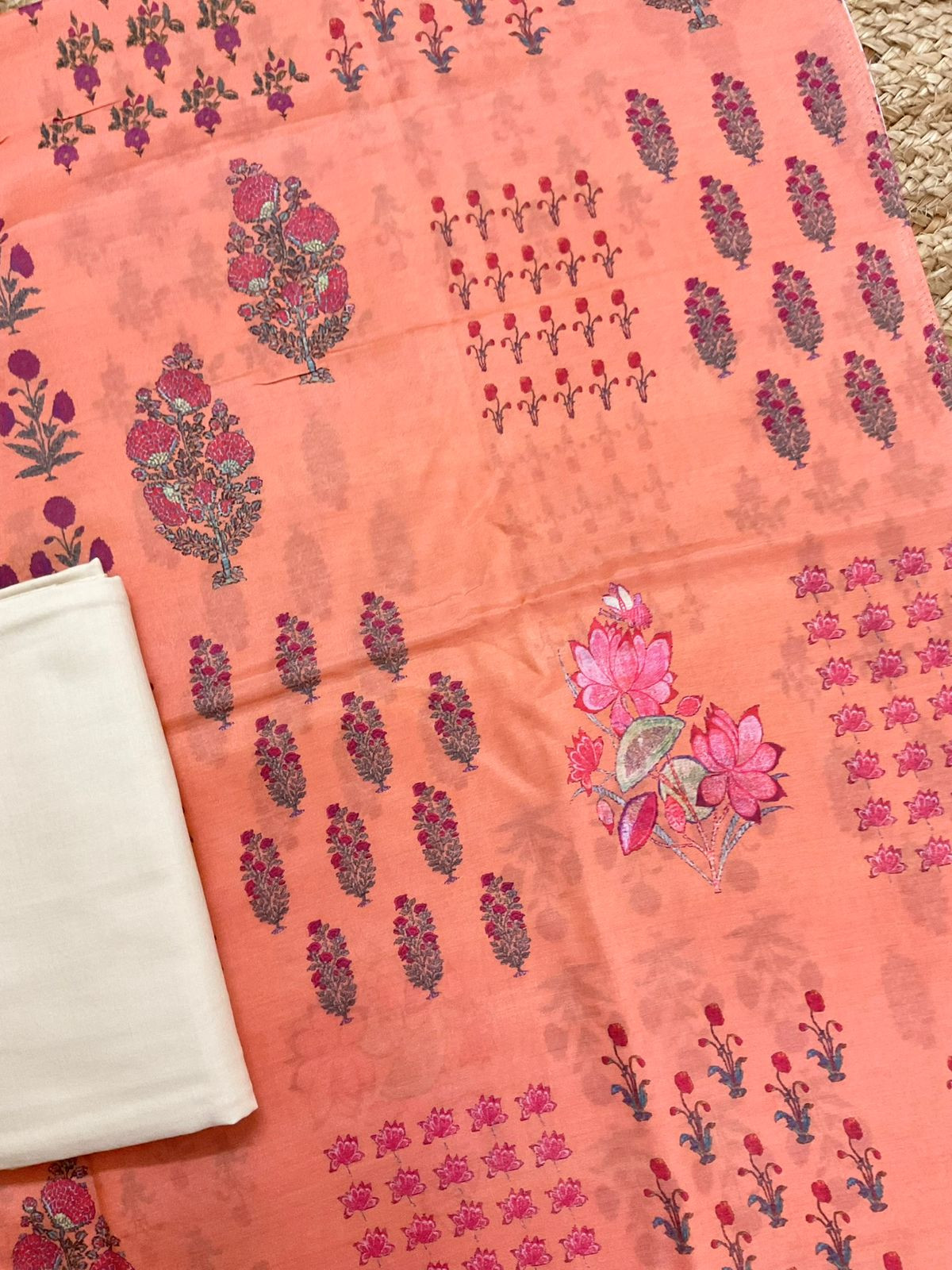 Pure Muslin Printed Embroidered Suit - Peach