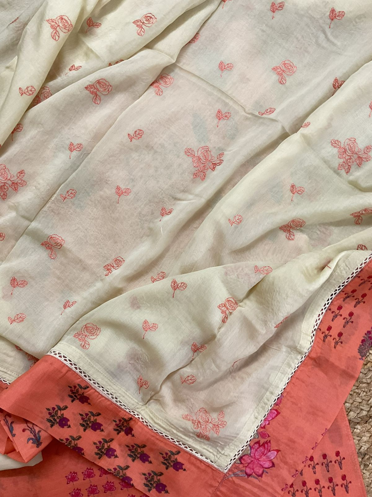 Pure Muslin Printed Embroidered Suit - Peach