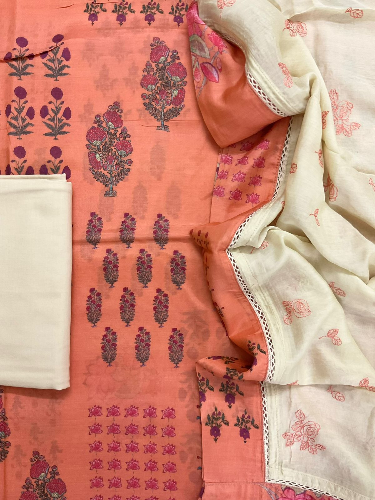 Pure Muslin Printed Embroidered Suit - Peach