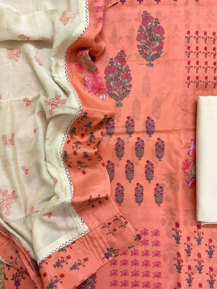 Image of Pure Muslin Printed Embroidered Suit - Peach