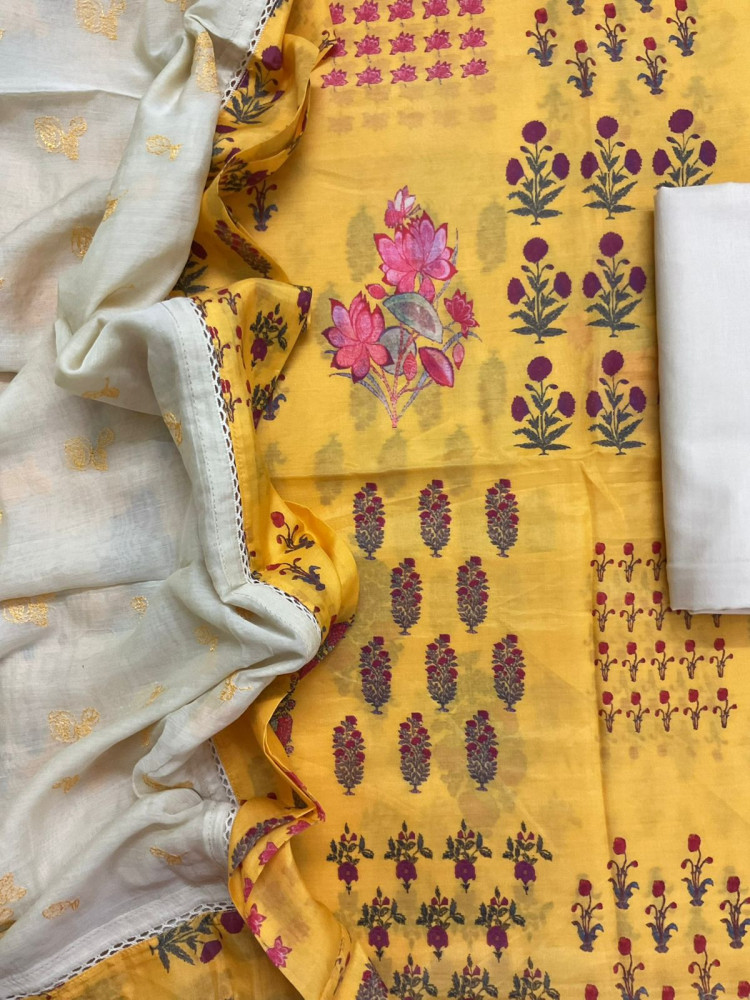 Image of Pure Muslin Printed Embroidered Suit - Yellow