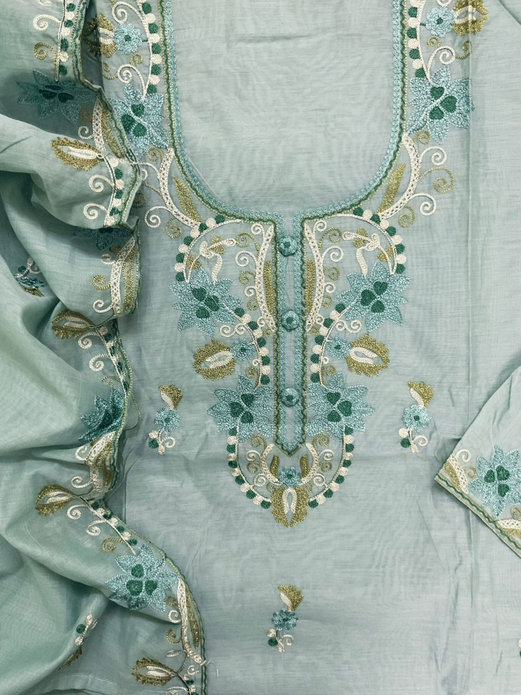 Image of Soft Chanderi Embroidered Suit - Green