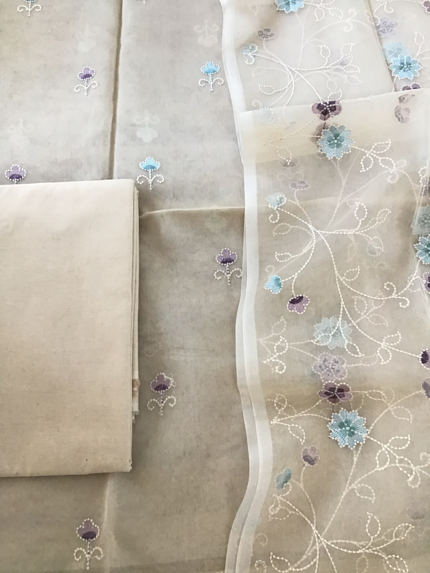 Soft Semi Organza Embroidered Suit - Beige