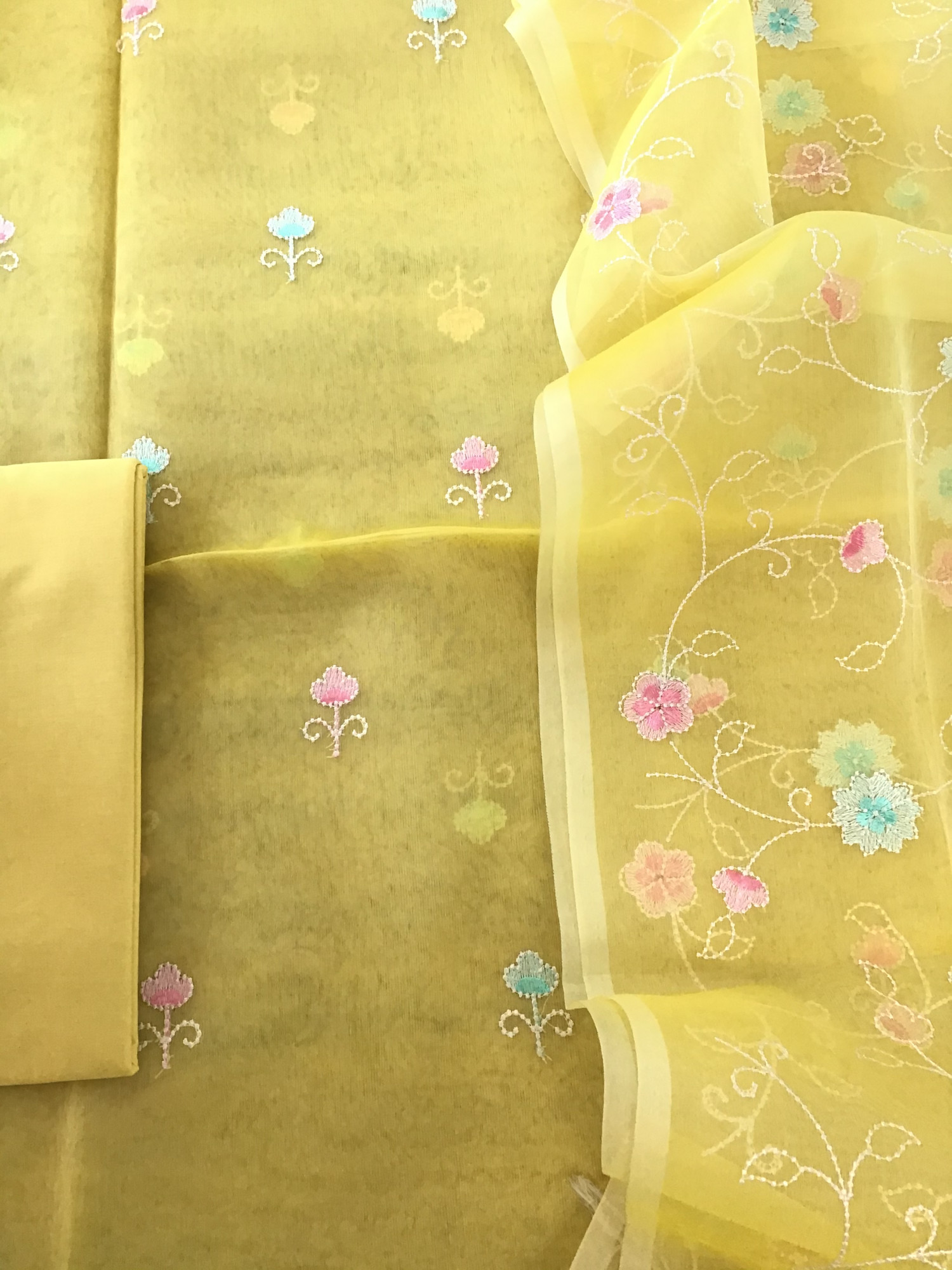 Soft Semi Organza Embroidered Suit - Yellow