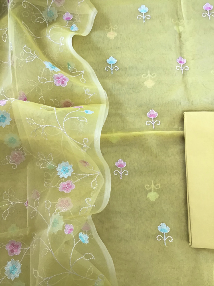 Image of Soft Semi Organza Embroidered Suit - Yellow