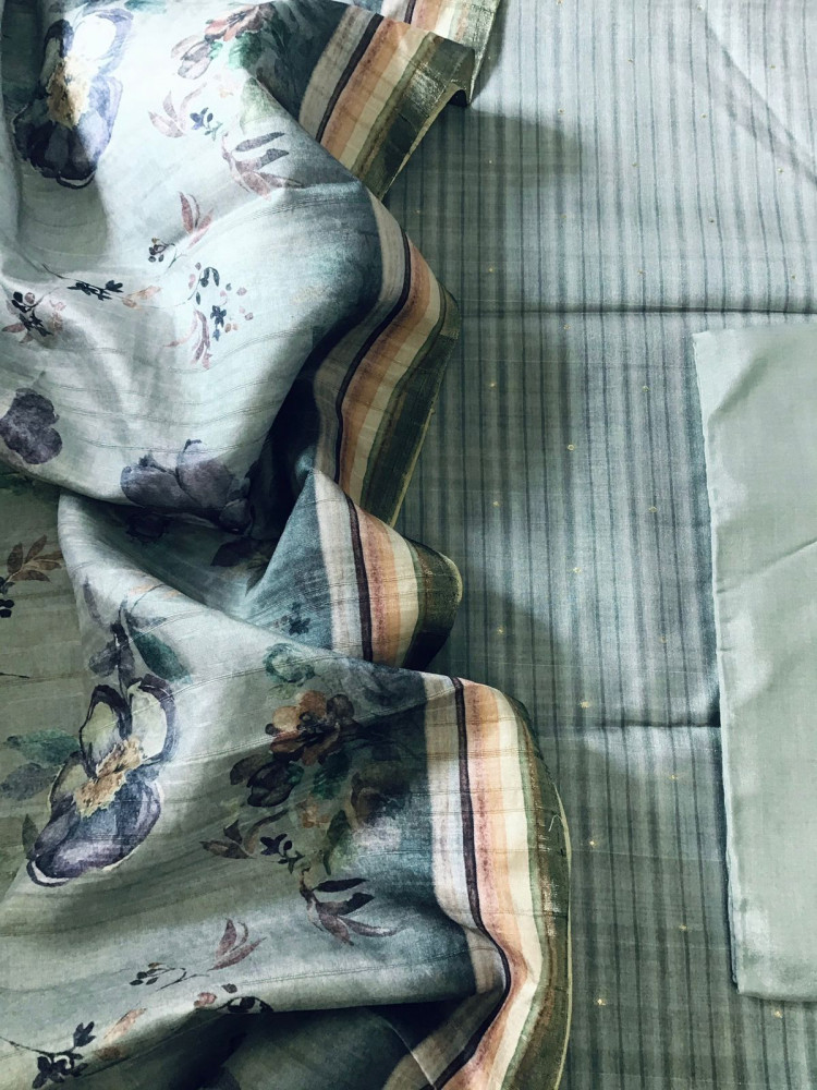 Image of Soft Semi Tussar Printed Banarasi Weaved Suit - Grey