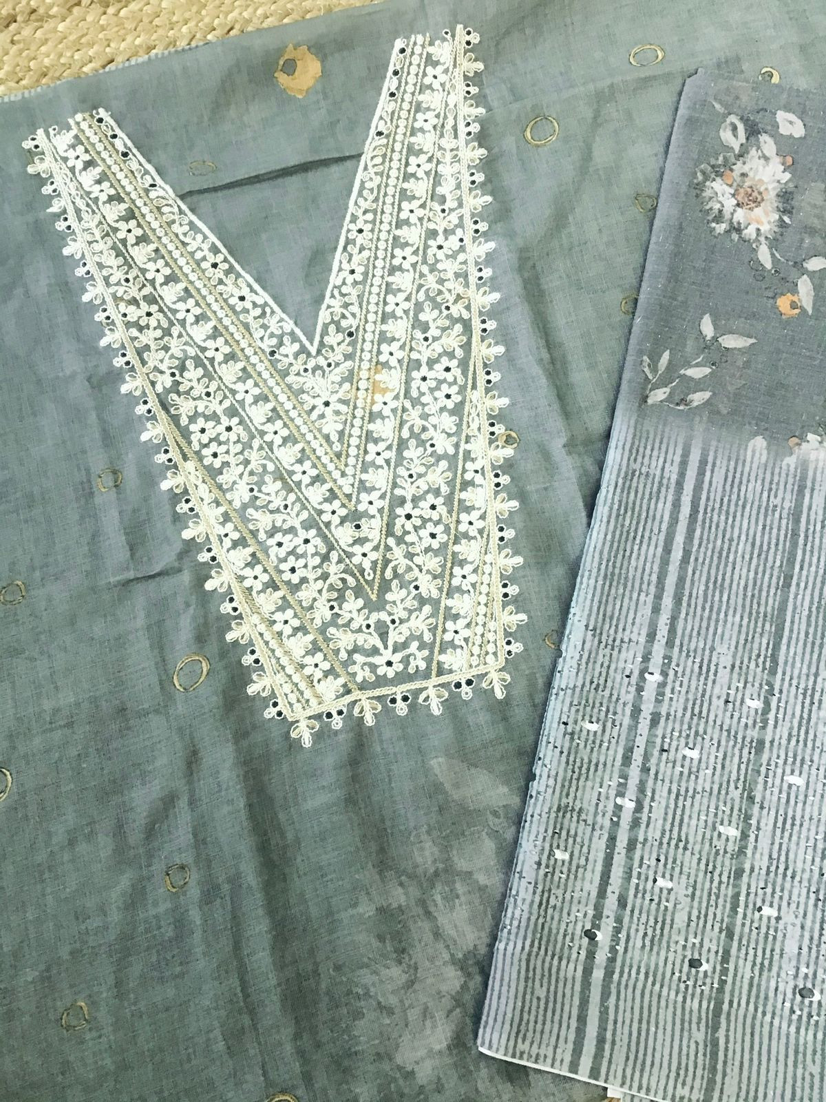 Soft Linen Jute Cotton Printed Embroidered Suit - Grey