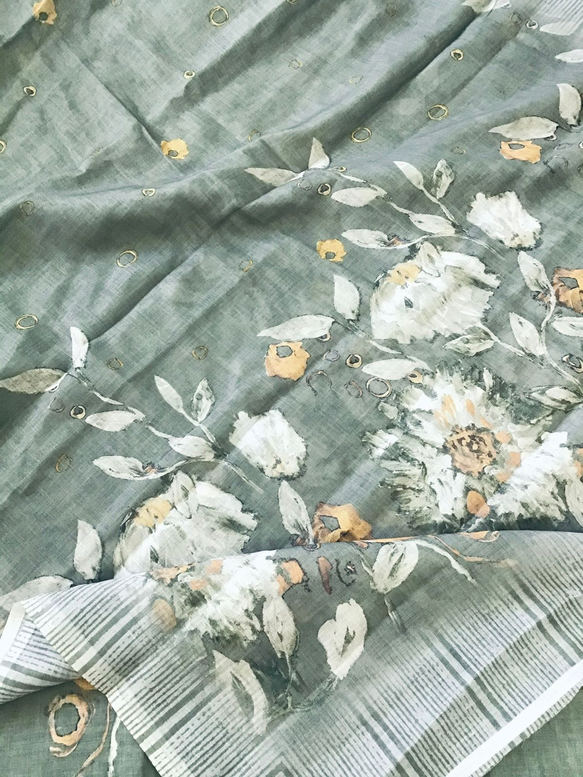Soft Linen Jute Cotton Printed Embroidered Suit - Grey