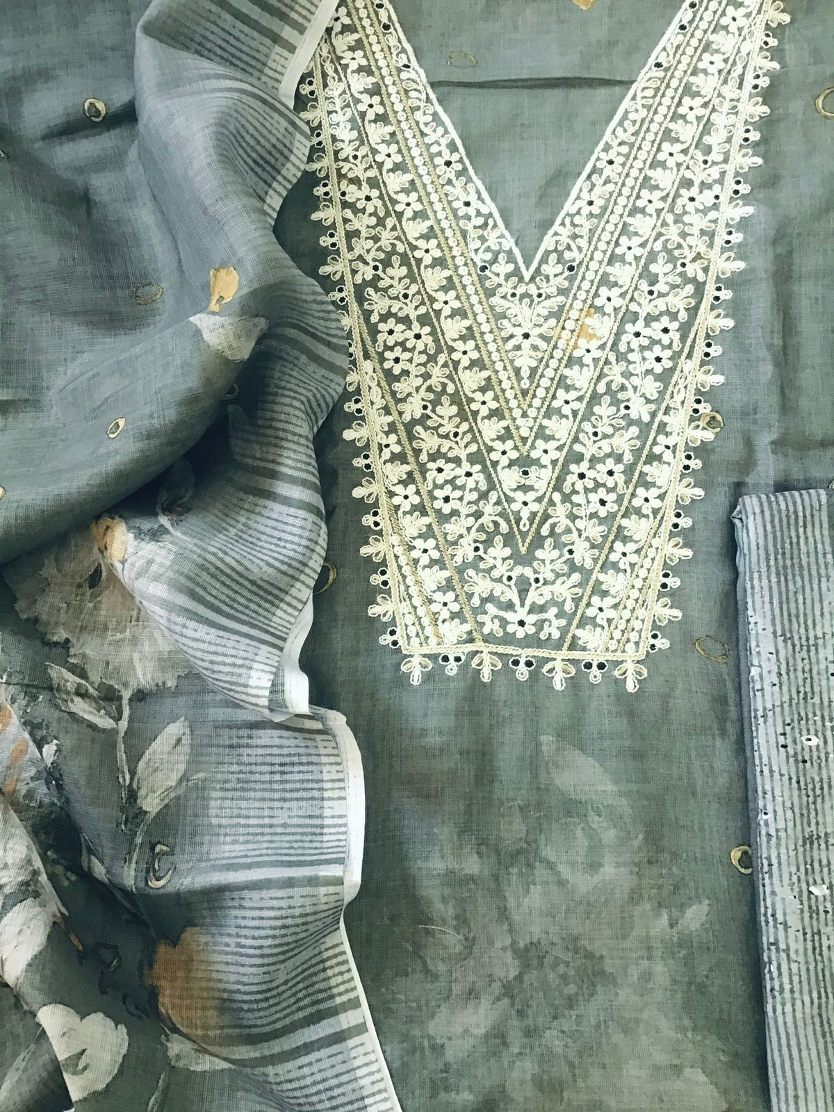 Soft Linen Jute Cotton Printed Embroidered Suit - Grey