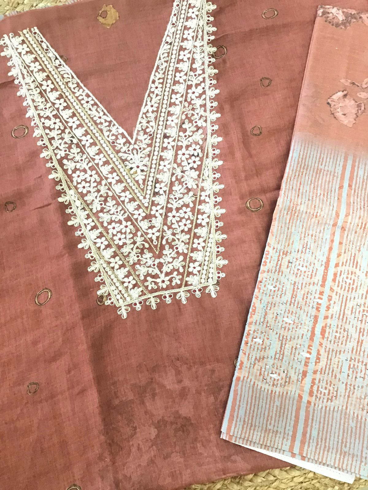 Soft Semi Linen Jute Cotton Printed Embroidered Suit - Rust