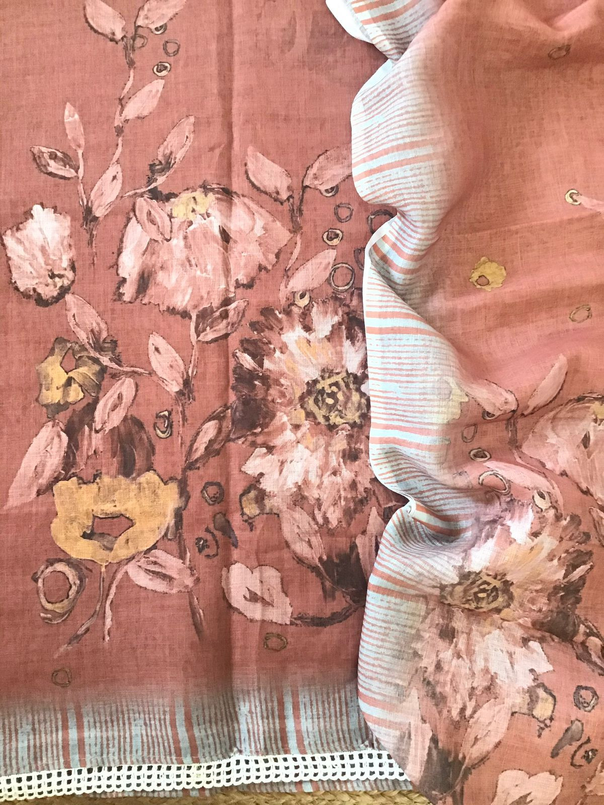 Soft Semi Linen Jute Cotton Printed Embroidered Suit - Rust