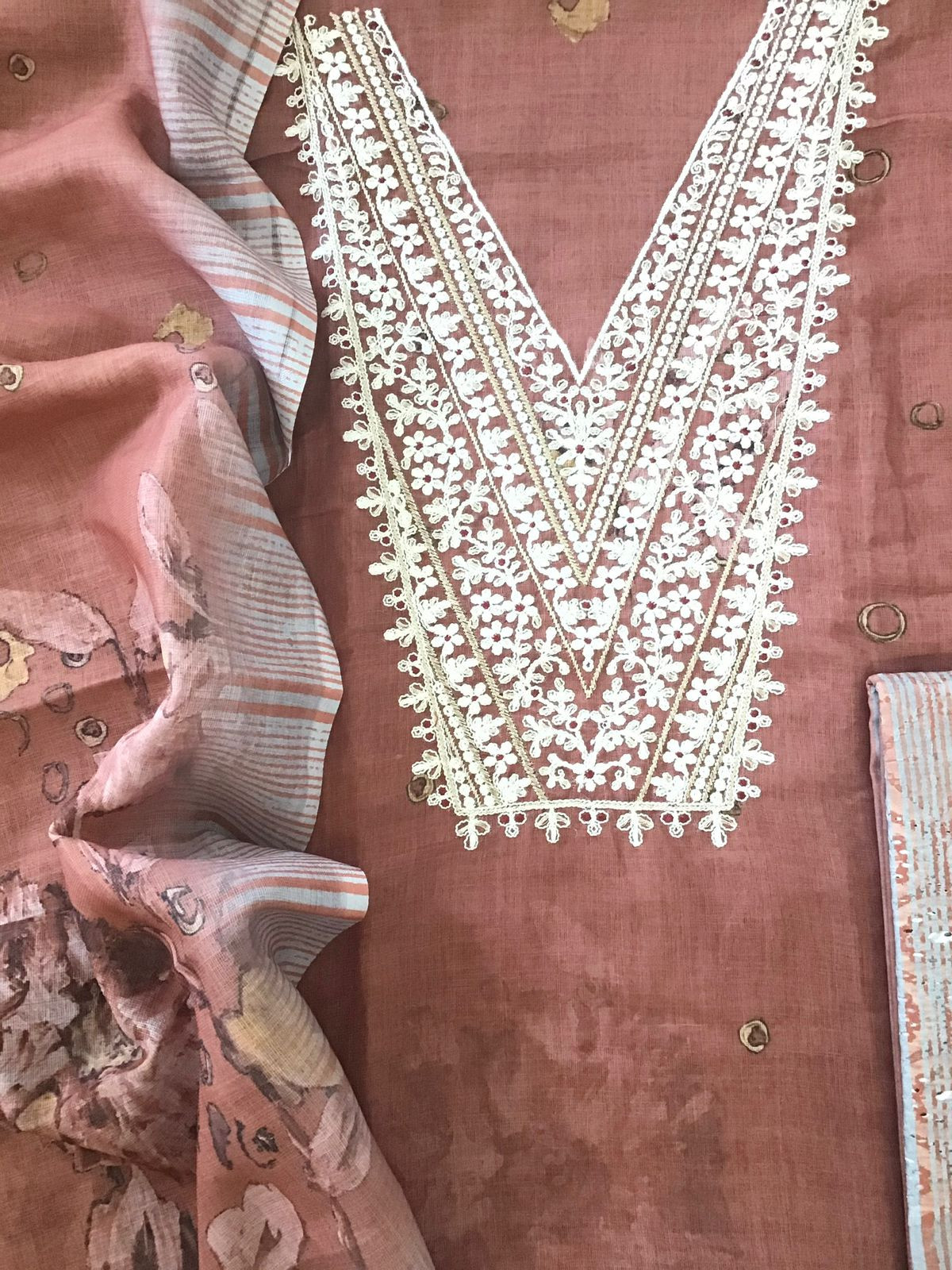 Soft Semi Linen Jute Cotton Printed Embroidered Suit - Rust