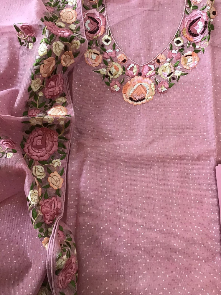 Image of Soft Supernet Printed Embroidered Suit - Pink