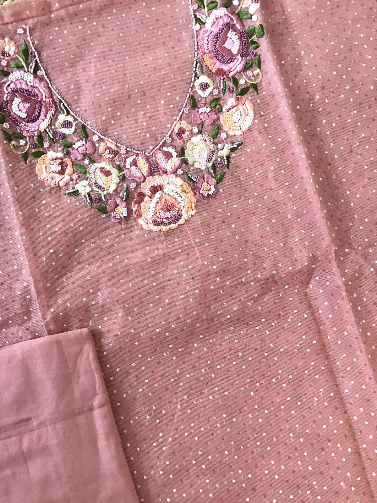 Soft Supernet Printed Embroidered Suit - Peach