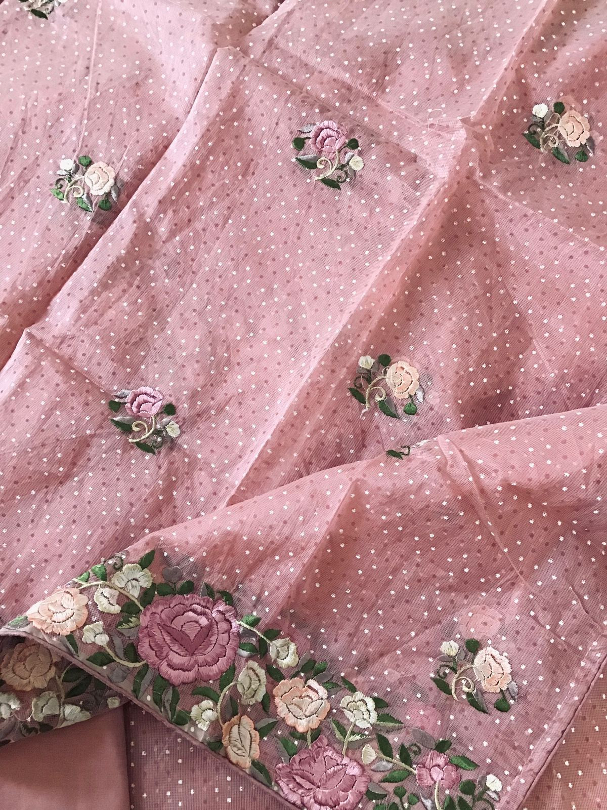 Soft Supernet Printed Embroidered Suit - Peach
