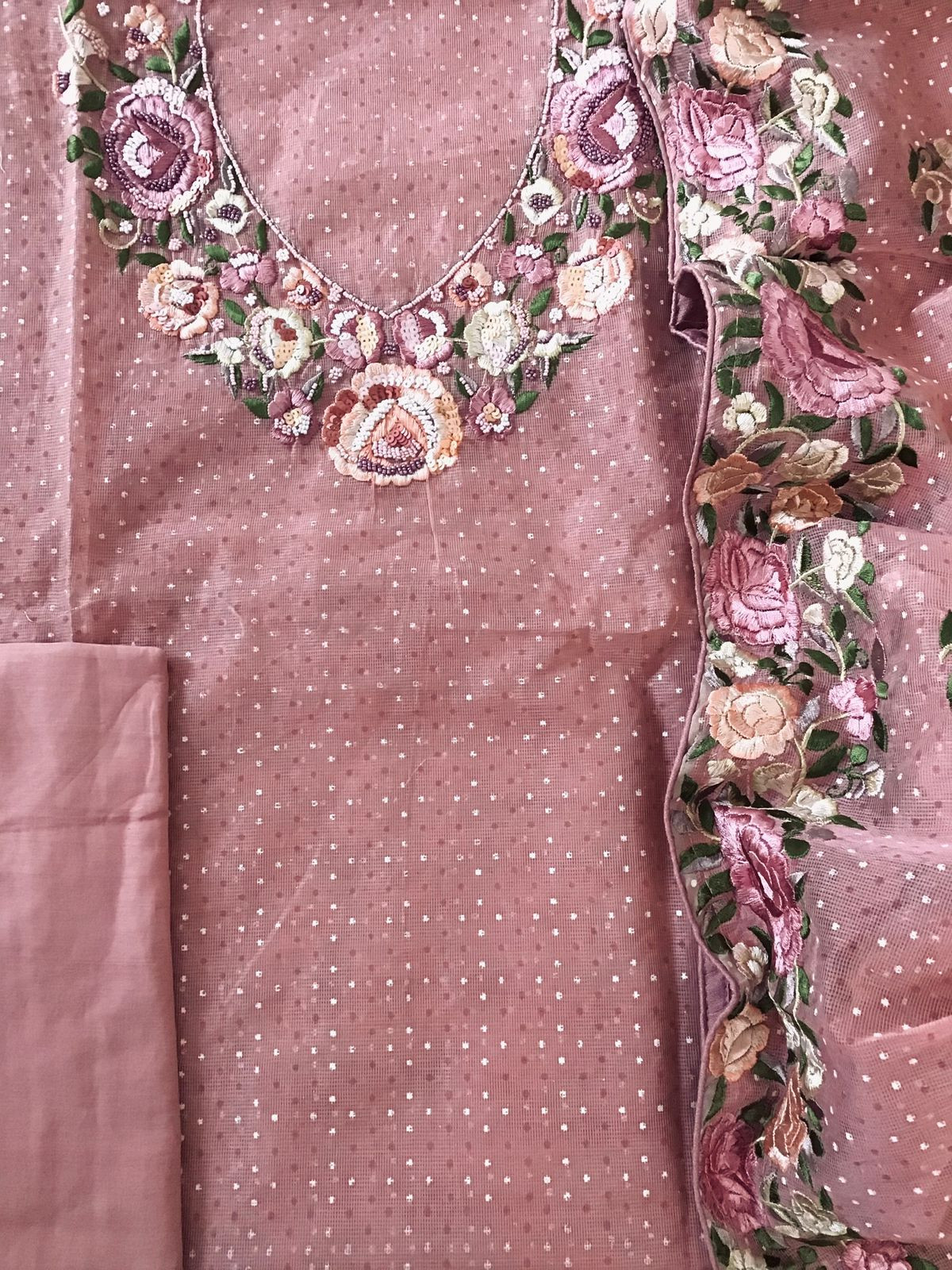 Soft Supernet Printed Embroidered Suit - Peach