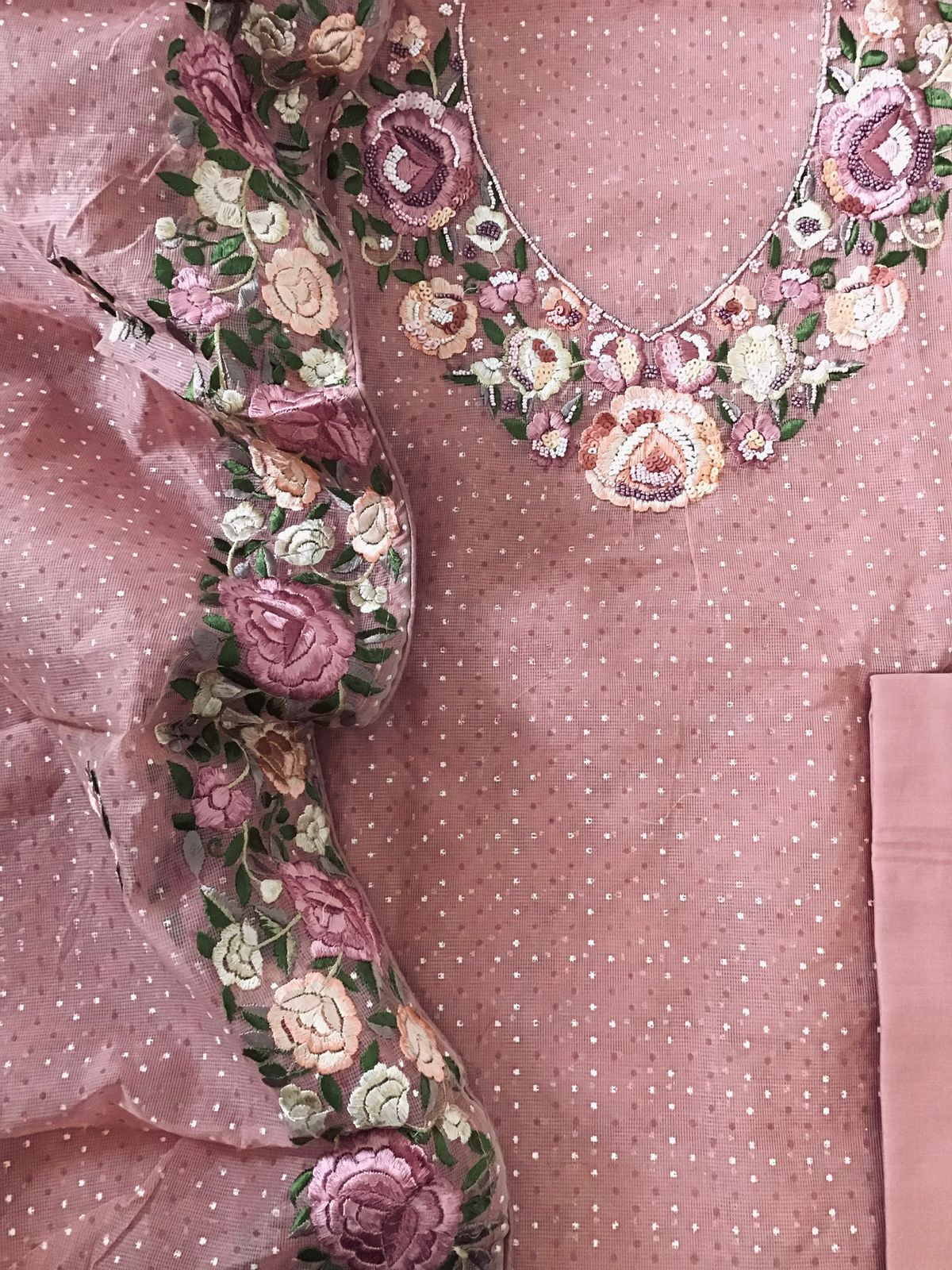 Soft Supernet Printed Embroidered Suit - Peach