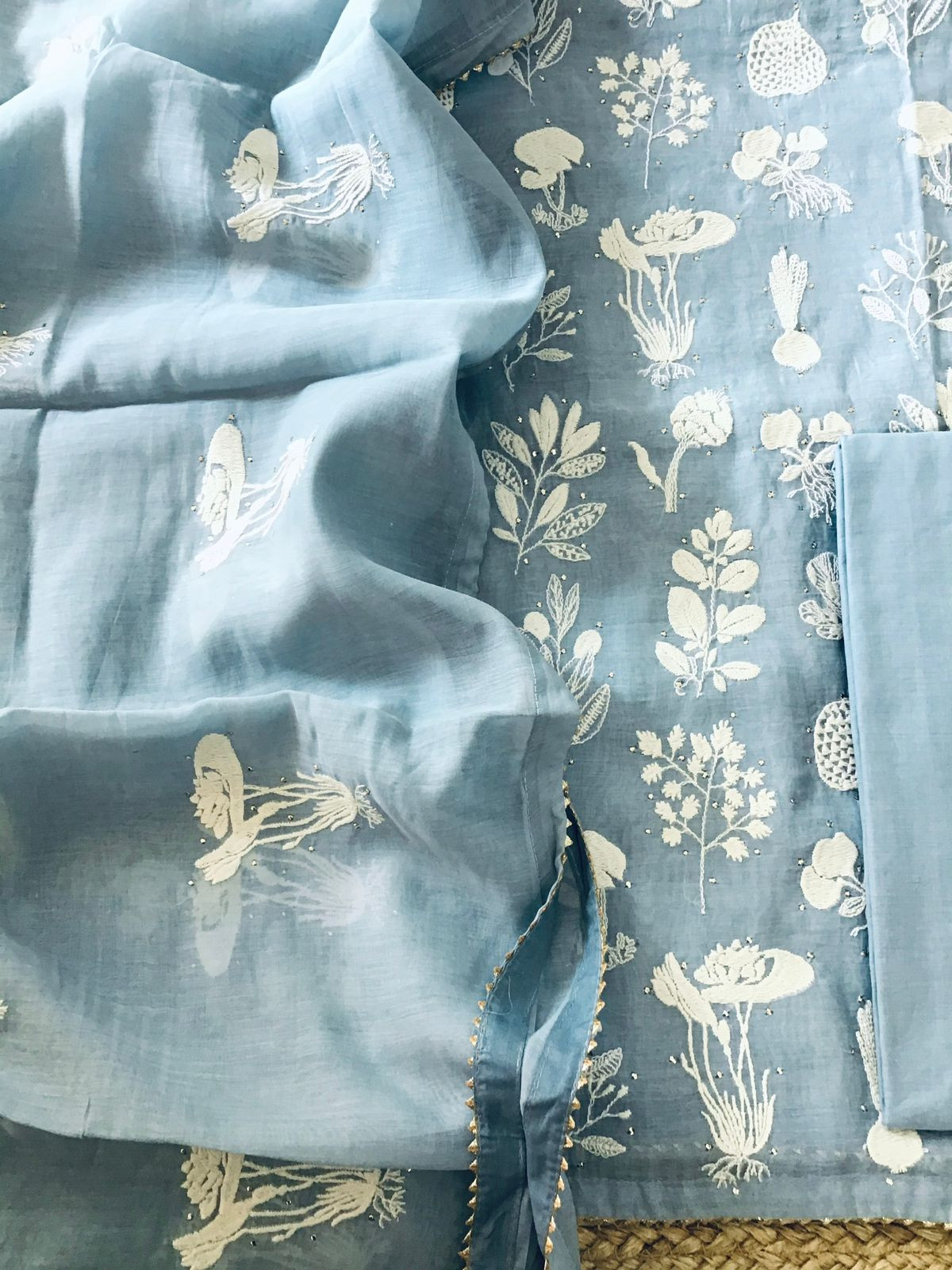 Pure Mul Chanderi Embroidered Suit - Grey
