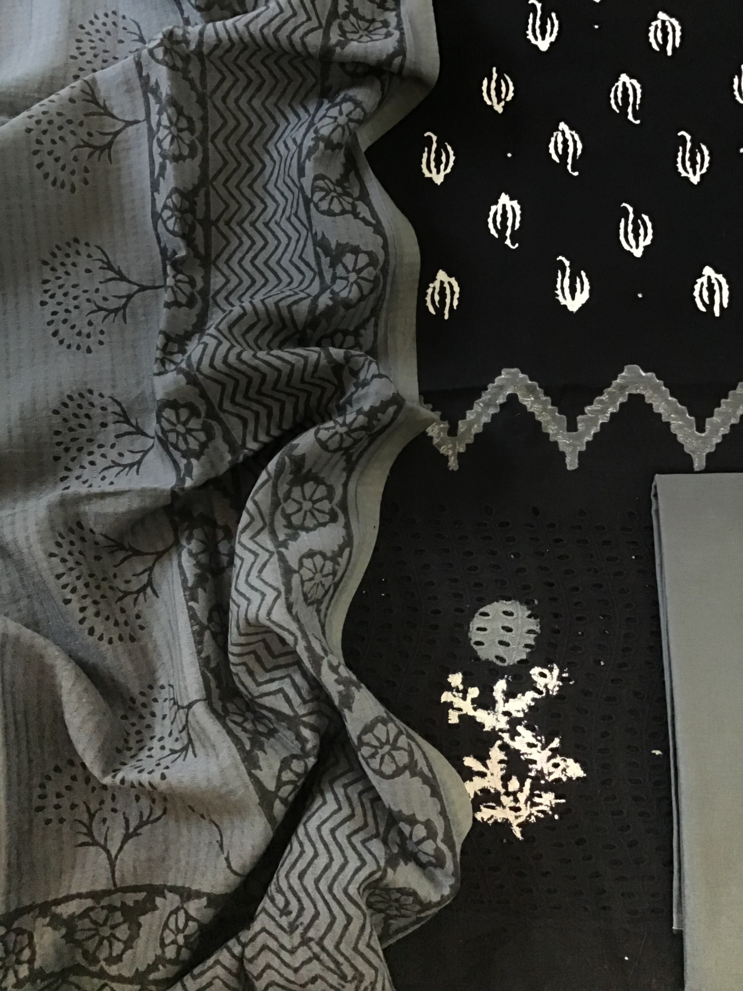 Pure Cotton Printed Embroidered Suit - Black