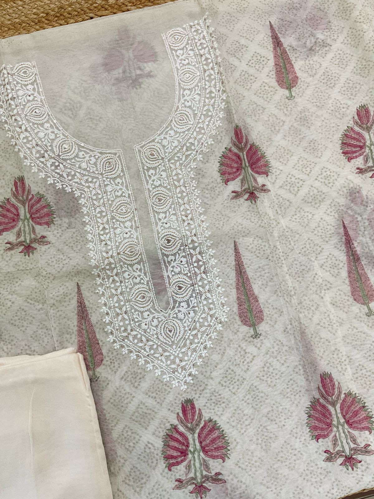 Soft Chanderi Printed Embroidered Suit - Cream