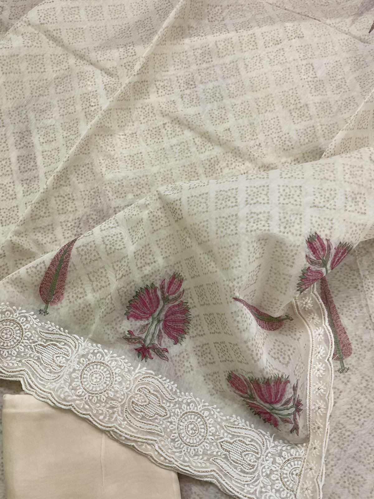 Soft Chanderi Printed Embroidered Suit - Cream