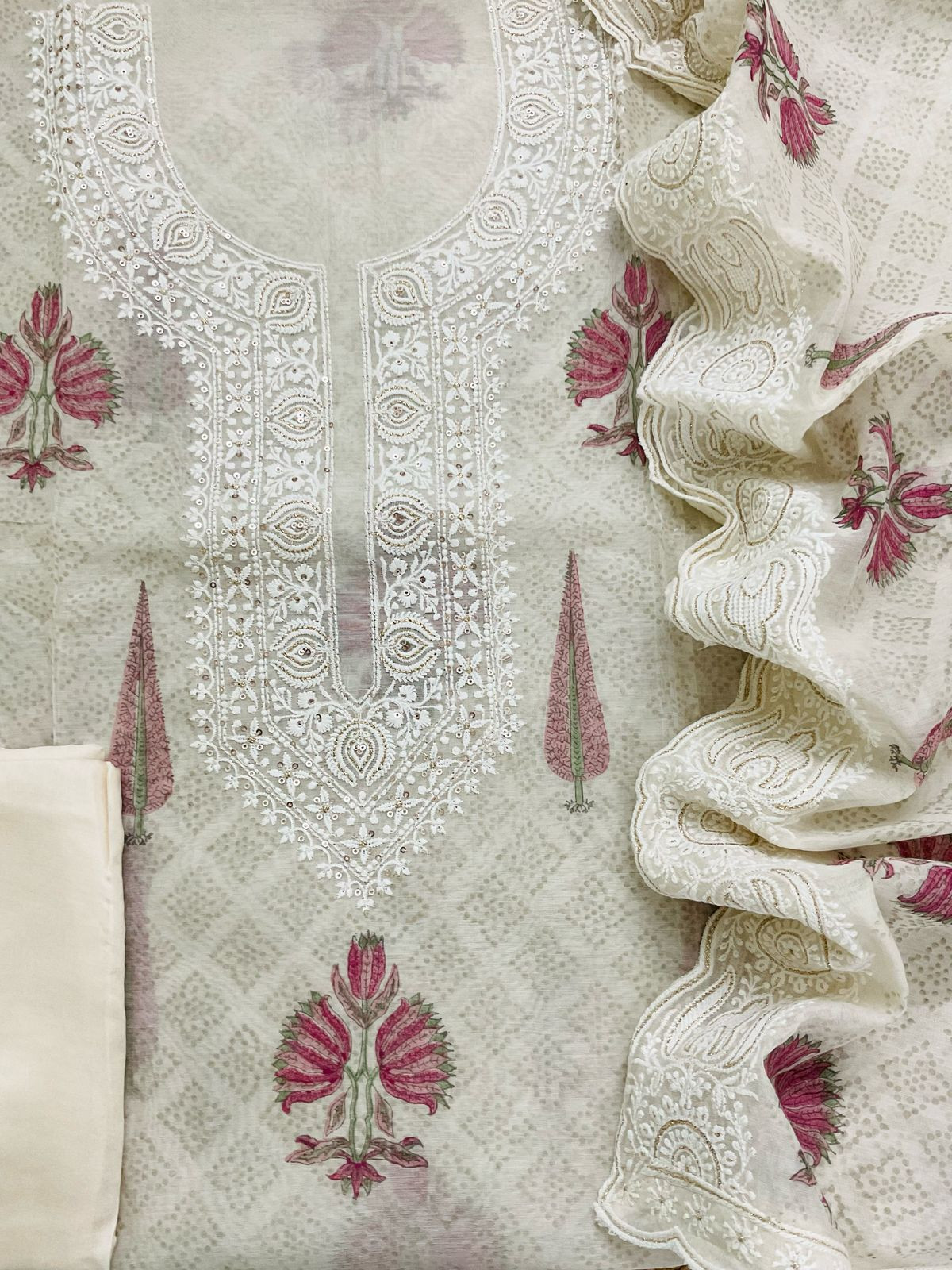 Soft Chanderi Printed Embroidered Suit - Cream