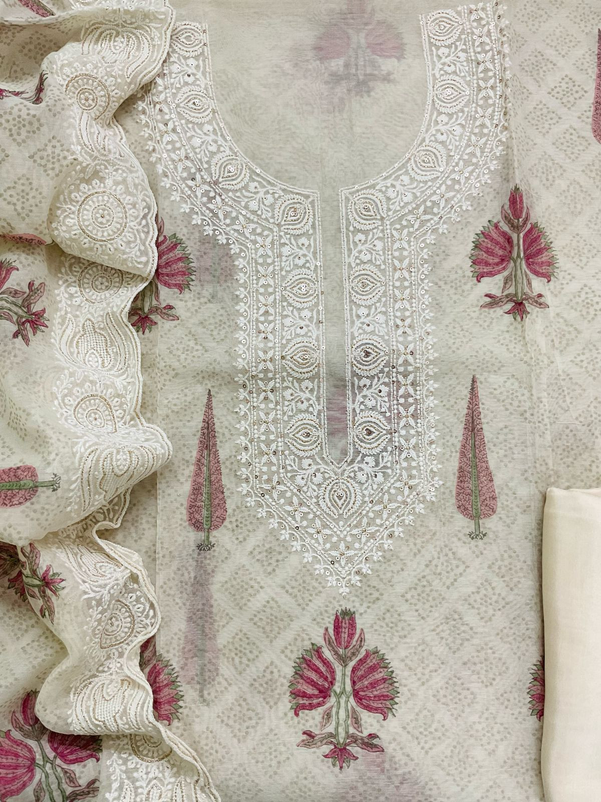 Soft Chanderi Printed Embroidered Suit - Cream