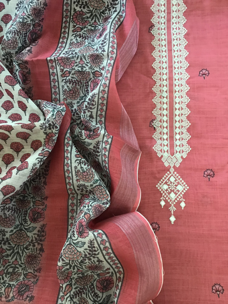 Image of Soft Semi Linen Jute Cotton Printed Embroidered Suit - Pink