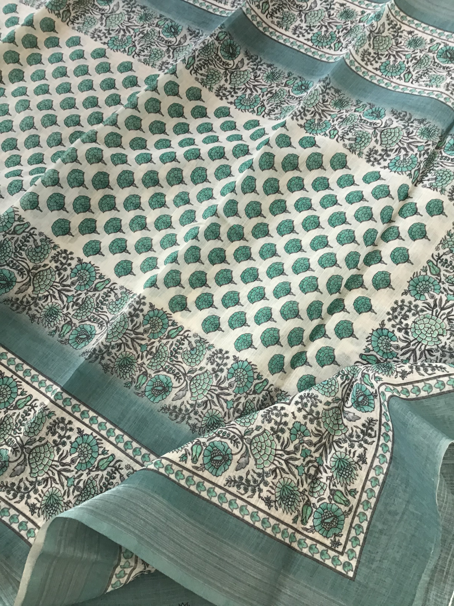 Soft Semi Linen Jute Cotton Printed Embroidered Suit - Blue