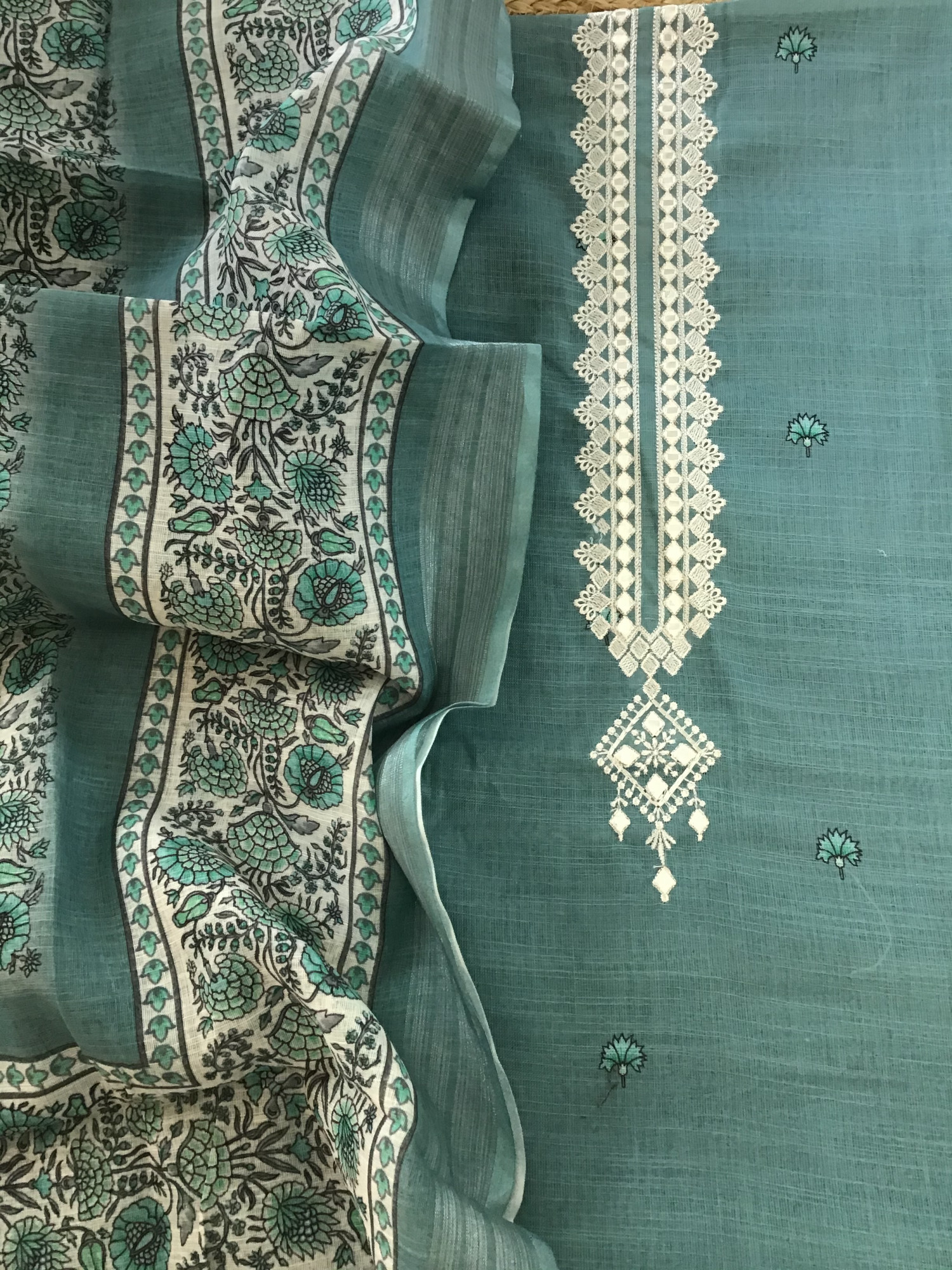 Soft Semi Linen Jute Cotton Printed Embroidered Suit - Blue