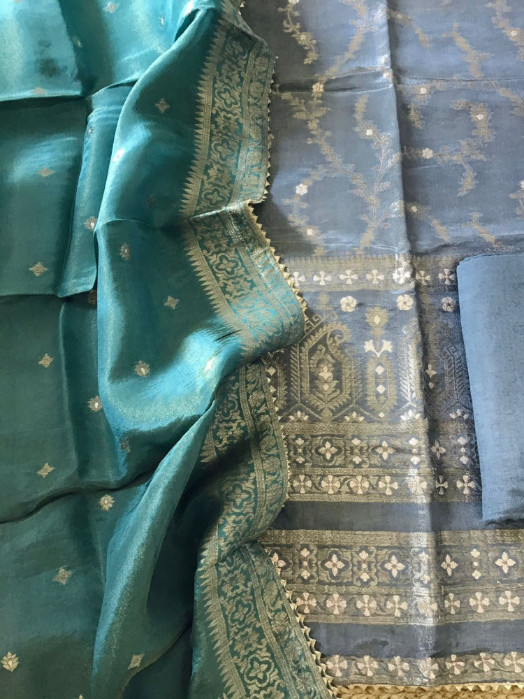 Image of Pure Tissue Chanderi Banarasi Weaved Suit - Grey