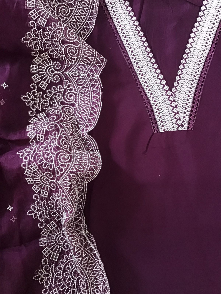 Image of Soft Muslin Silk Embroidered Suit - WINE
