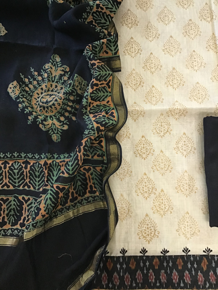 Image of Pure Slub Chanderi Printed Embroidered Suit - Beige/Black