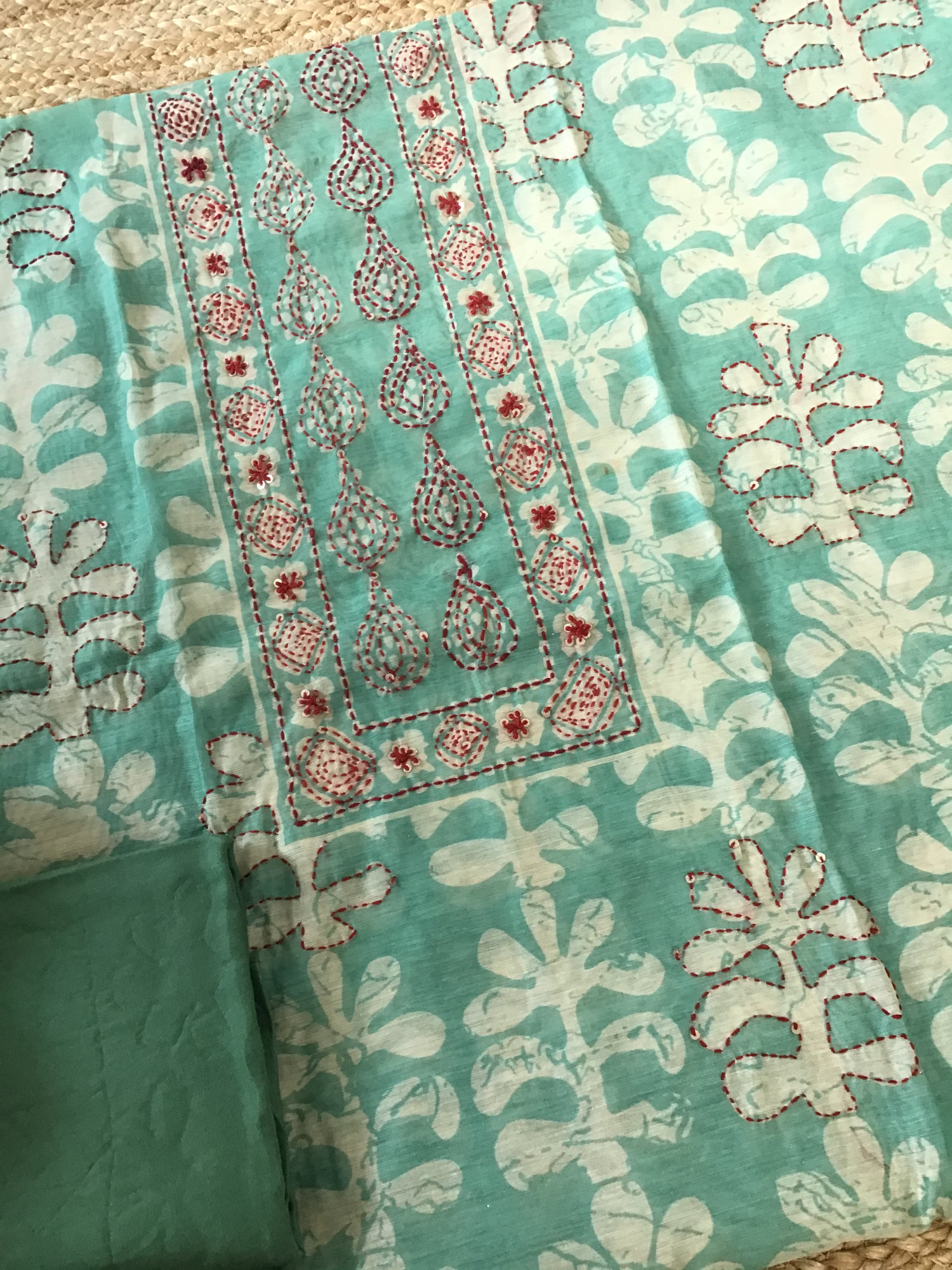 Soft Kora Chanderi Printed Embroidered Suit - Sea Green