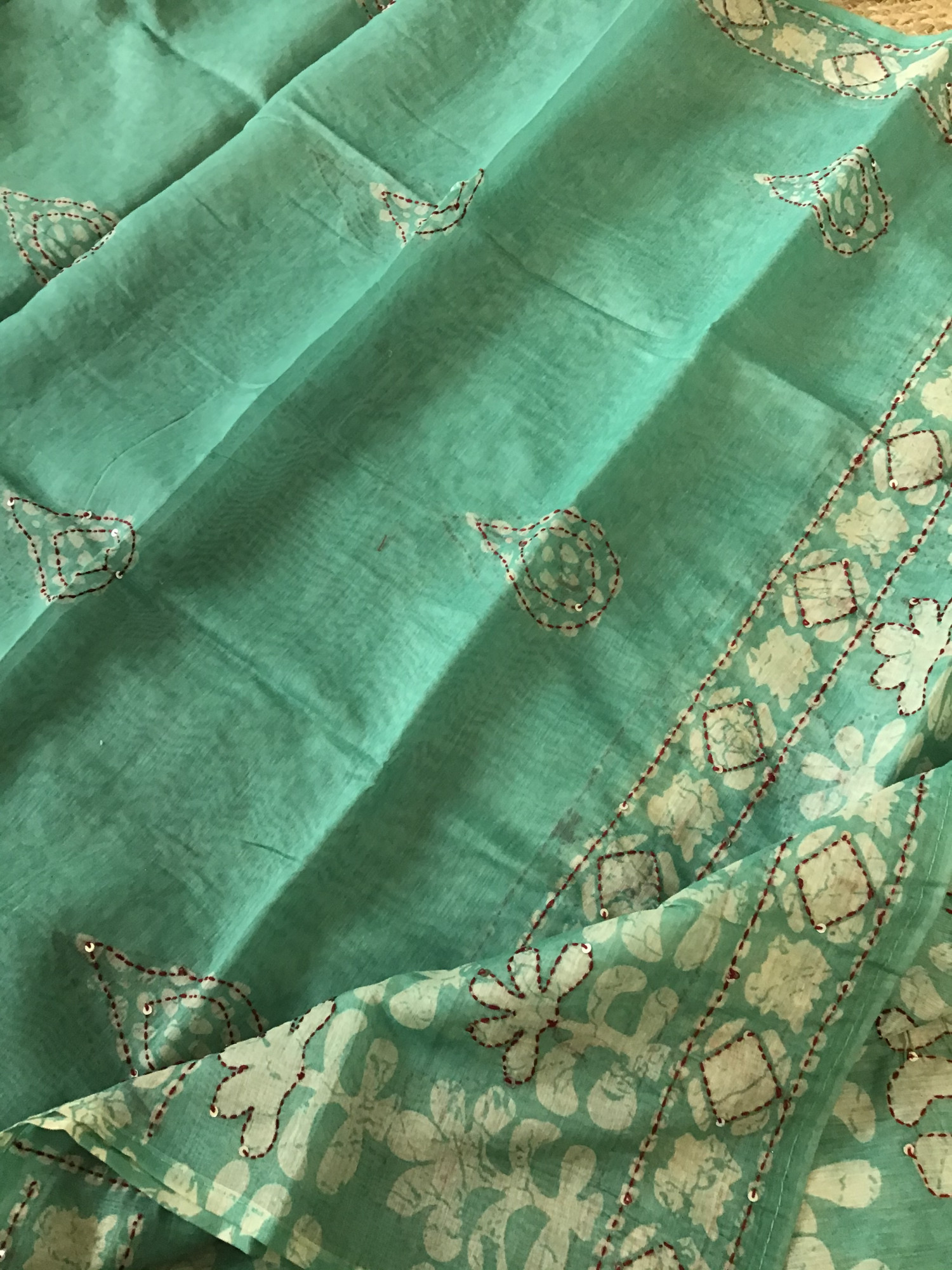Soft Kora Chanderi Printed Embroidered Suit - Sea Green