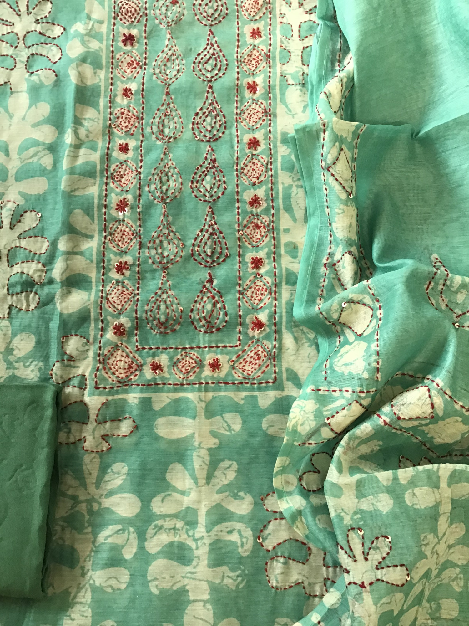 Soft Kora Chanderi Printed Embroidered Suit - Sea Green
